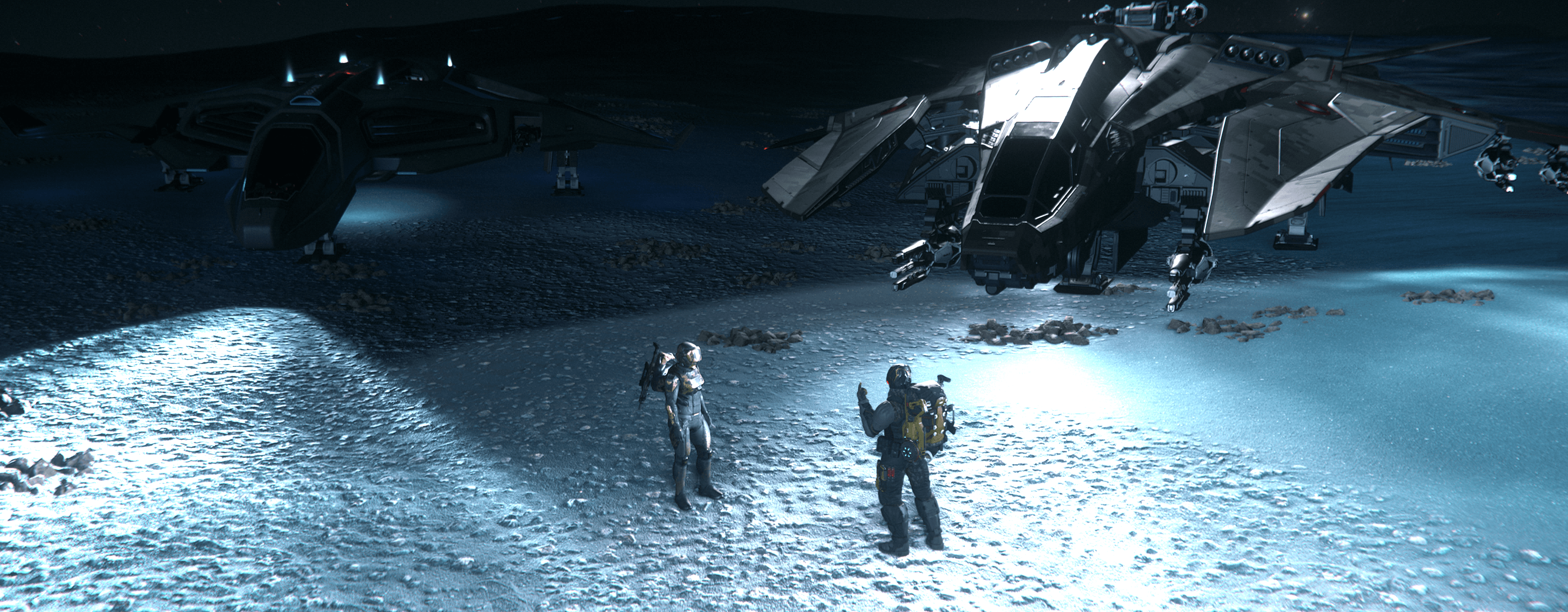 A diverse group of spaceship pilots standing together in a hangar.
